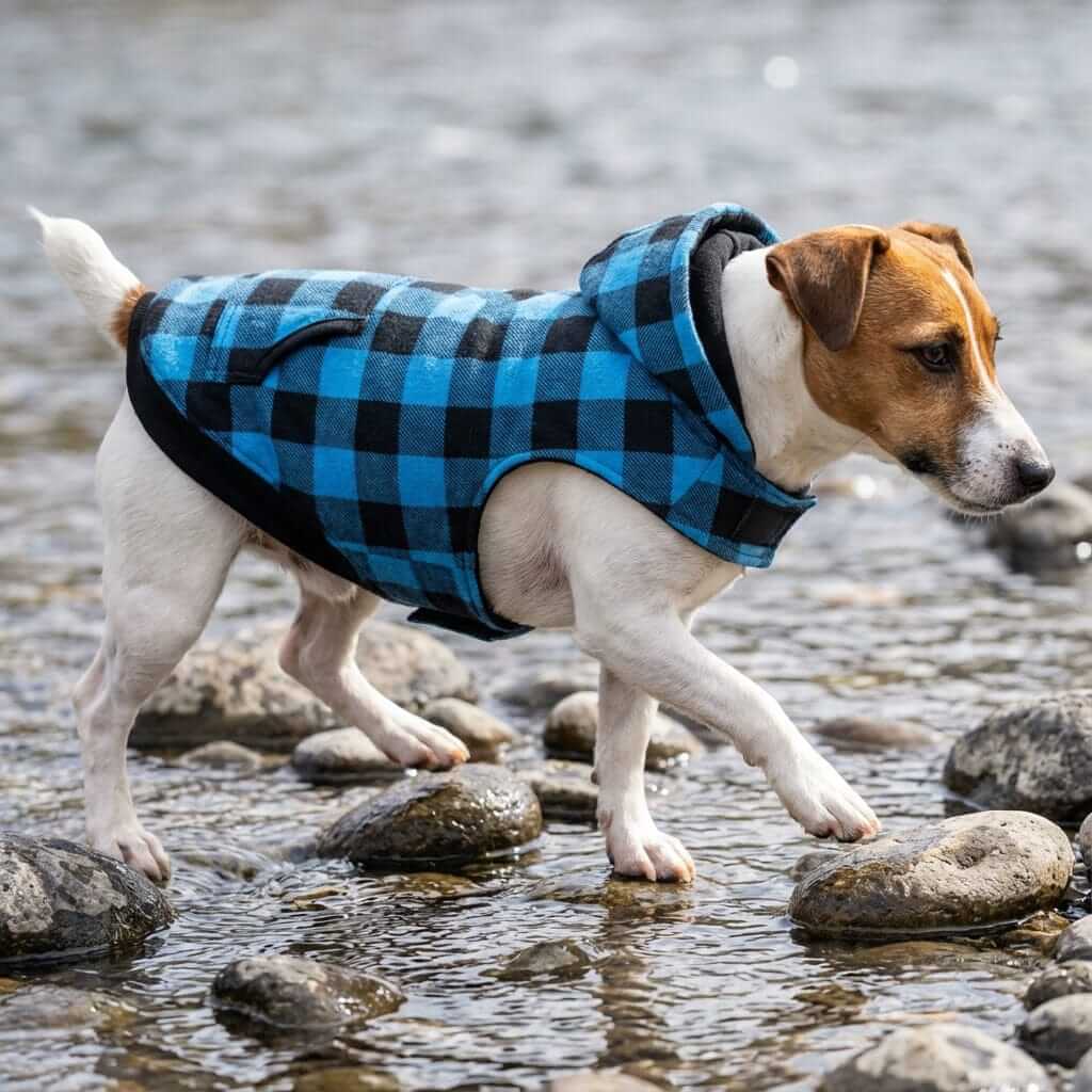 Kangaroo Pocket Plaid Dog Hoodie on a dog by the water, featuring a cozy plaid pattern, perfect for Dogs & Cats.