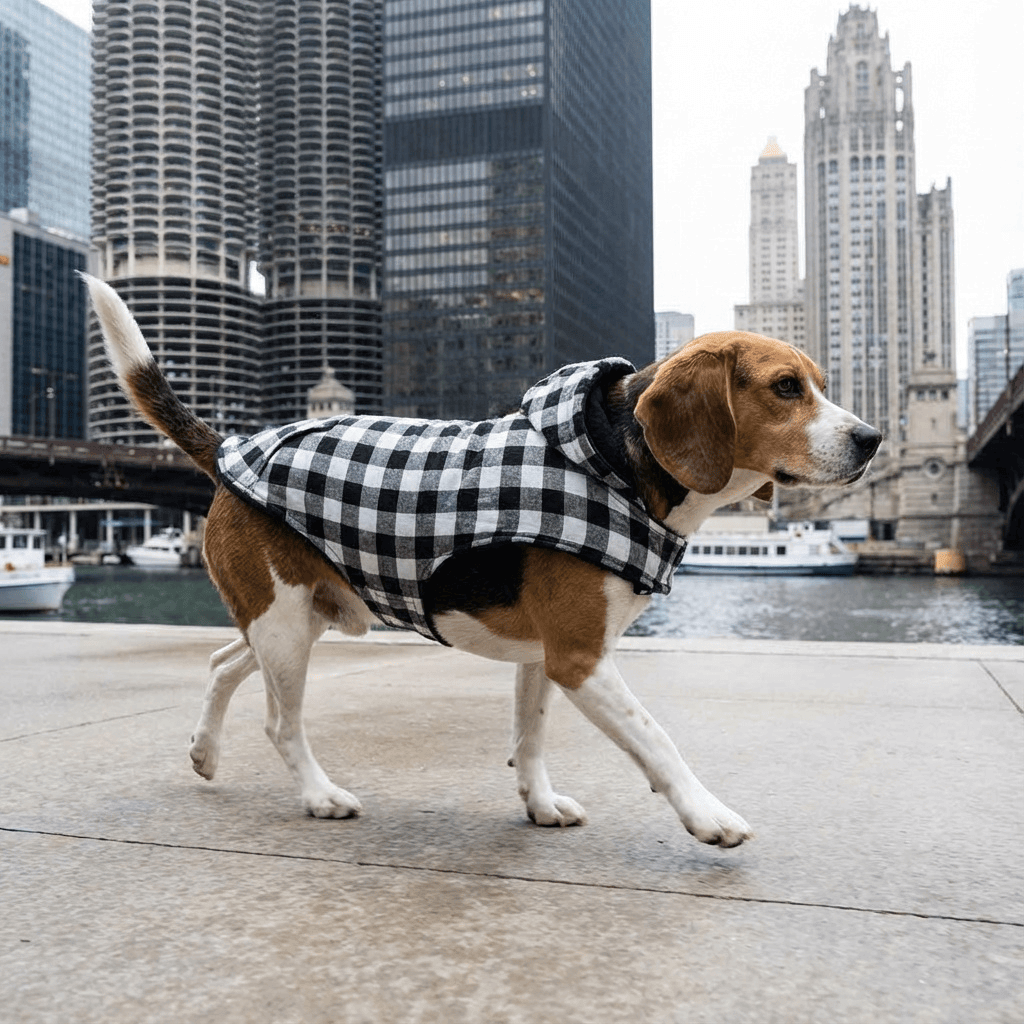 Kangaroo Pocket Plaid Dog Hoodie on a dog walking by the river in Chicago, featuring breathable, lightweight plaid pattern.
