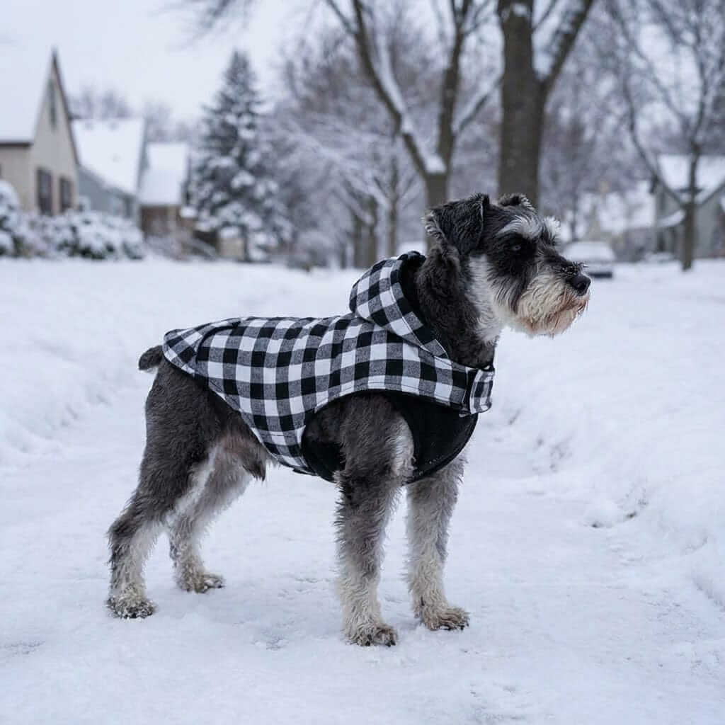 Dog wearing a Kangaroo Pocket Plaid Dog Hoodie in winter snow, showcasing its cozy plaid design and relaxed fit.