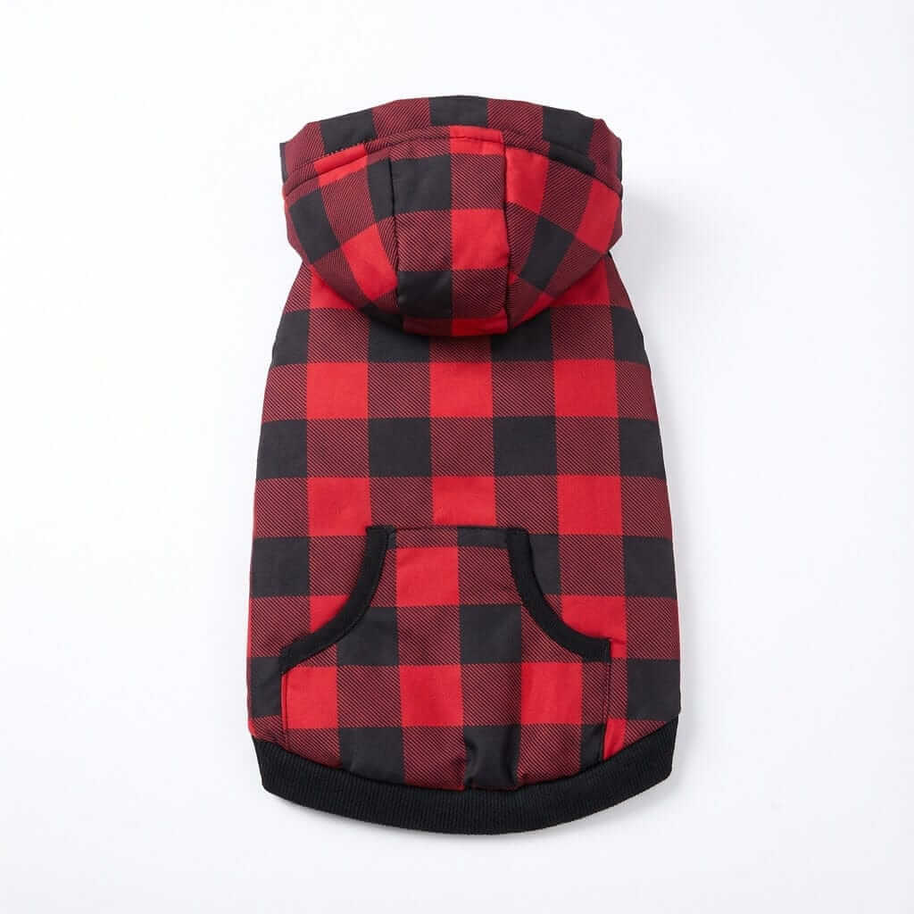 Kangaroo Pocket Plaid Dog Hoodie featuring a red and black plaid pattern with a hood and kangaroo pocket for cozy pets.