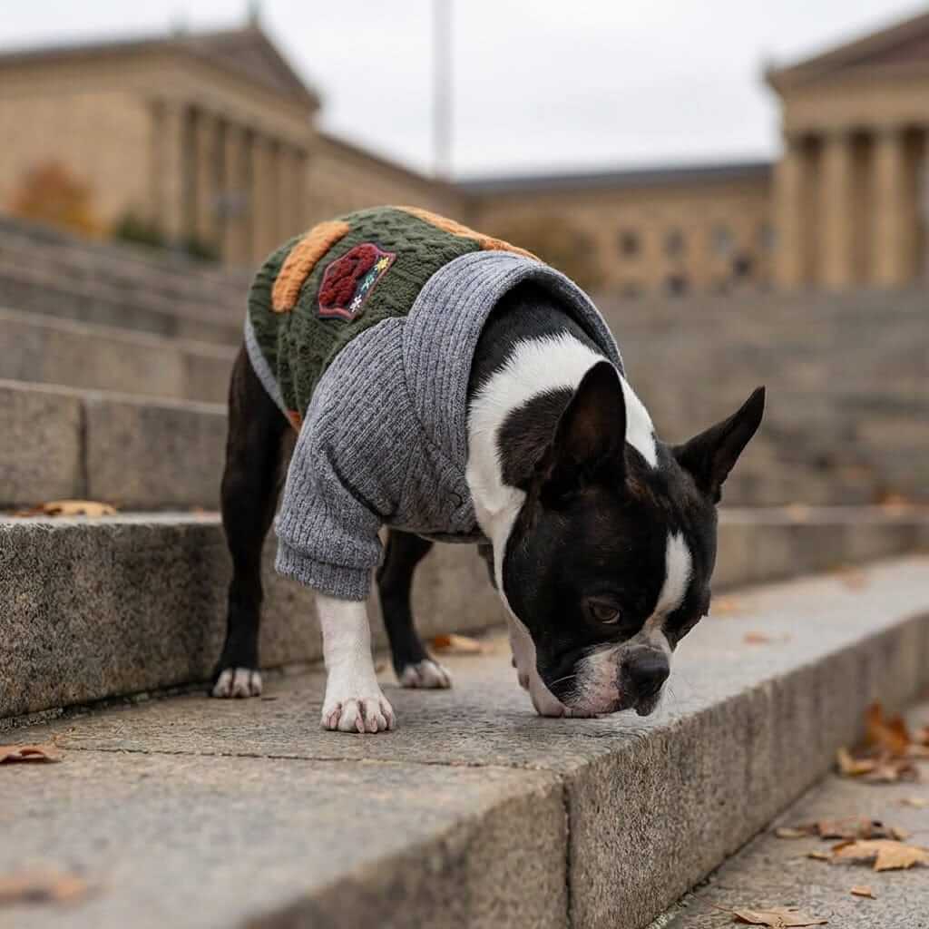 Knitted Dog Winter Sweater on a Boston Terrier exploring outdoors, featuring a warm and stylish pullover design by Dogs & Cats.