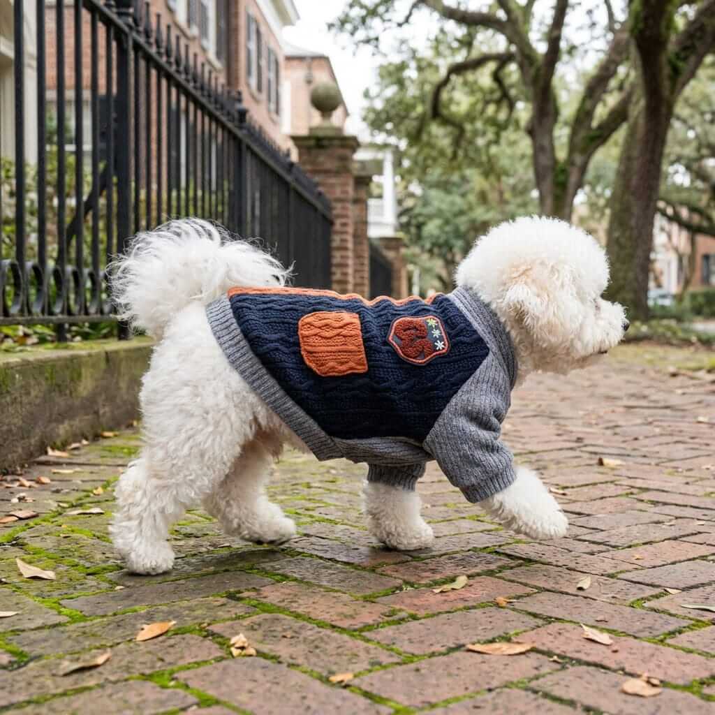 Knitted Dog Winter Sweater on a fluffy dog walking outdoors, featuring soft knit fabric and stylish design.