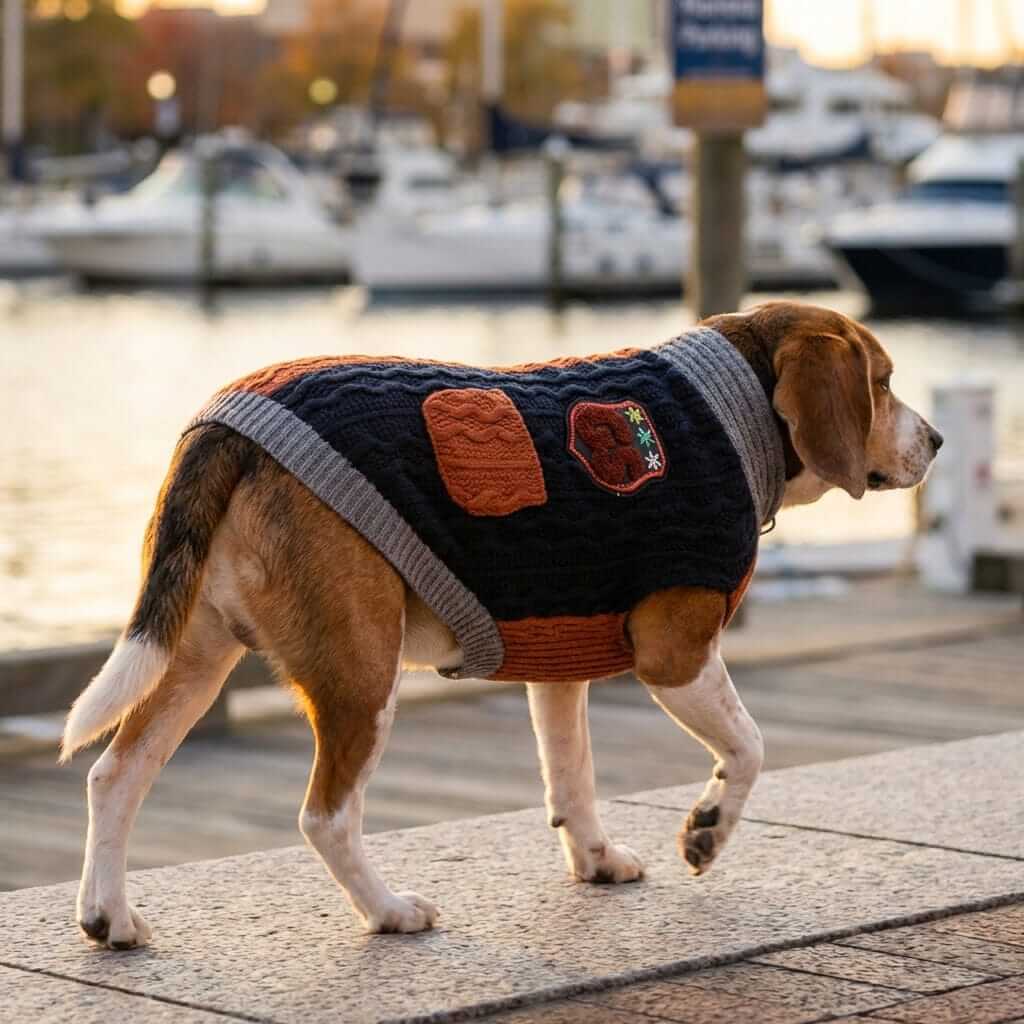 Knitted Dog Winter Sweater on a Beagle, featuring a stylish design and warm fabric for cozy winter outings.