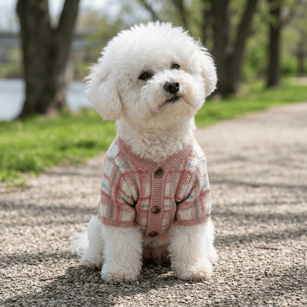 Knitted Plaid Dog Sweater on a fluffy dog showcasing its lightweight feel and button-up closure by Dogs & Cats.