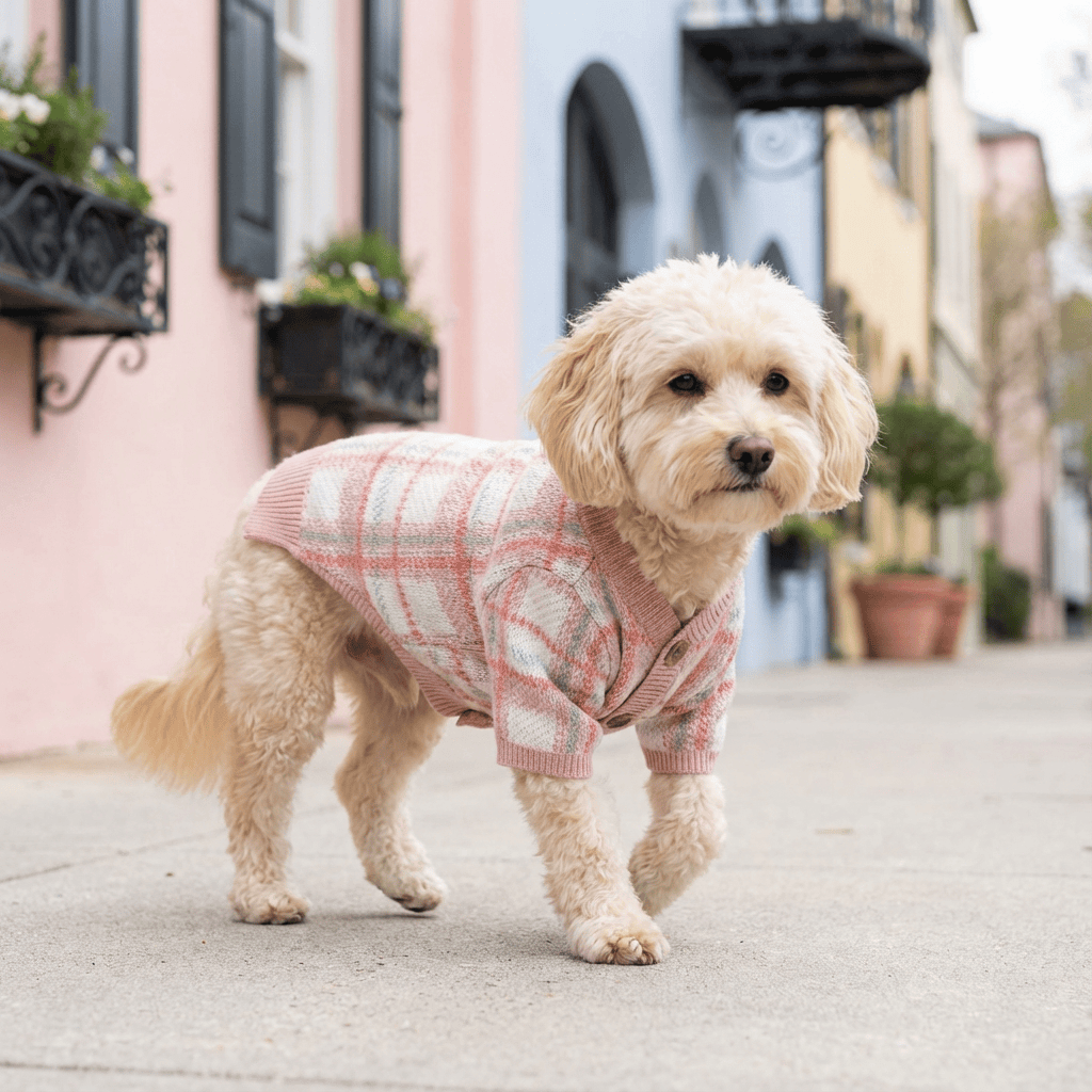 Knitted Plaid Dog Sweater on a stylish dog, featuring short sleeves and button-up closure by Dogs & Cats.
