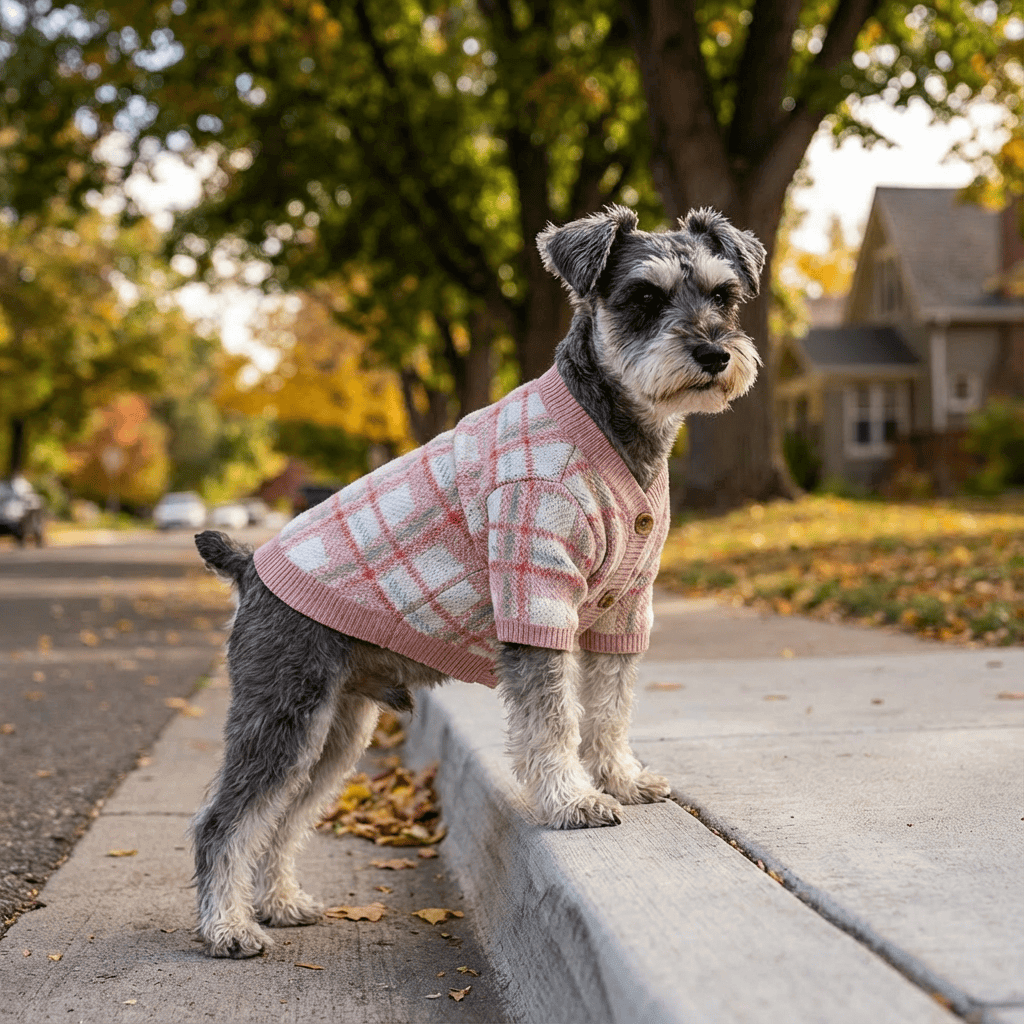 Knitted Plaid Dog Sweater on a stylish dog outdoors, featuring short sleeves and button-up closure.