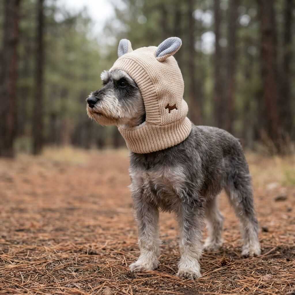 Knitted Rabbit Ear Pet Hat on a dog in a forest, featuring wool material, soft, comfortable, and light with a monochrome pattern.