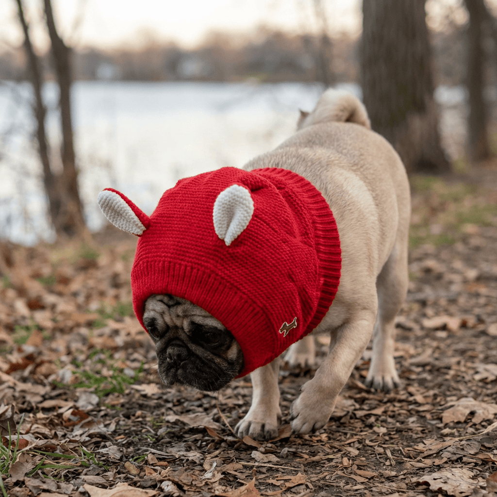 Knitted Rabbit Ear Pet Hat on a pug, wool material, soft, breathable, trendy accessory for dogs & cats.