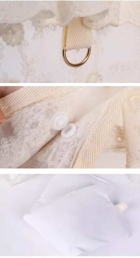 Lace Pet Shoulder Bag details featuring lace material, strap with gold ring, and button closure for Dogs & Cats.