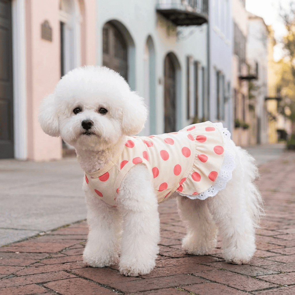 Lace Polka Dot Dog Dress for dogs by Dogs & Cats, featuring lace edges and a playful polka dot design.