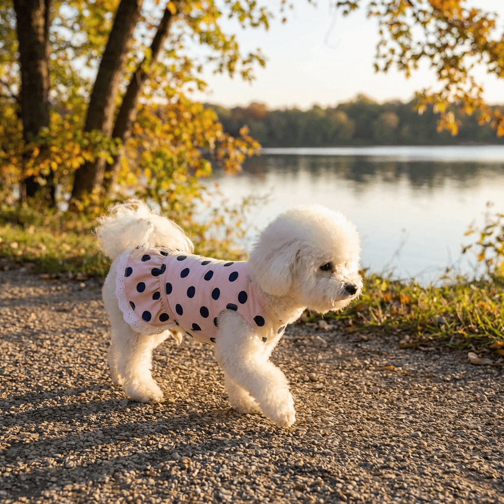 Lace Polka Dot Dog Dress on a fluffy dog by the water, featuring lace edges and a playful design, perfect for spring and summer.