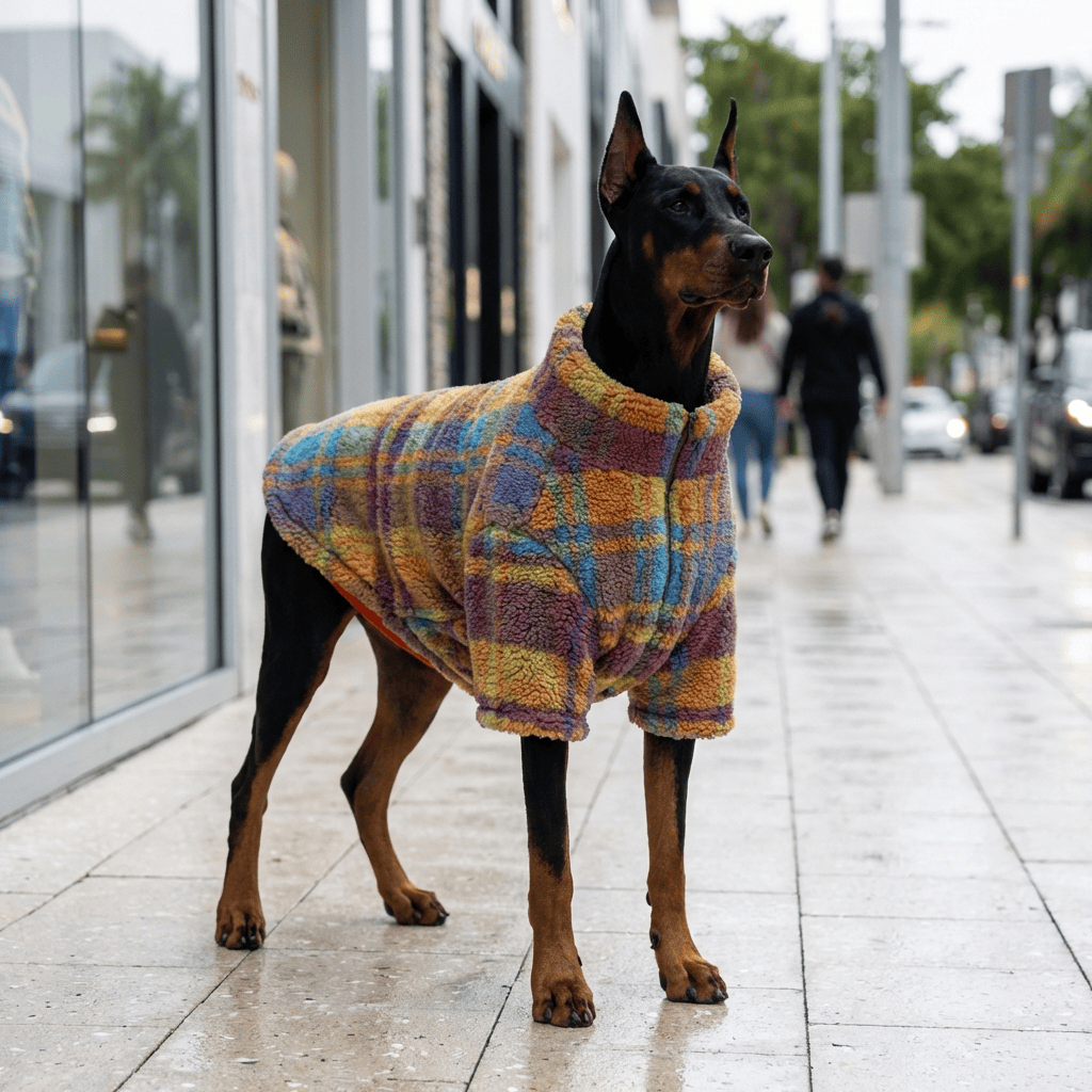 Dog wearing LambCloud Plaid Sherpa Jacket, a cozy insulated coat with a vibrant plaid pattern for winter style.