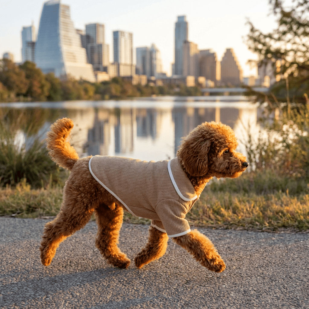 Lapel Collar Knit Dog Sweater on a poodle walking by a lake in the city, featuring breathable fabric and stylish design.