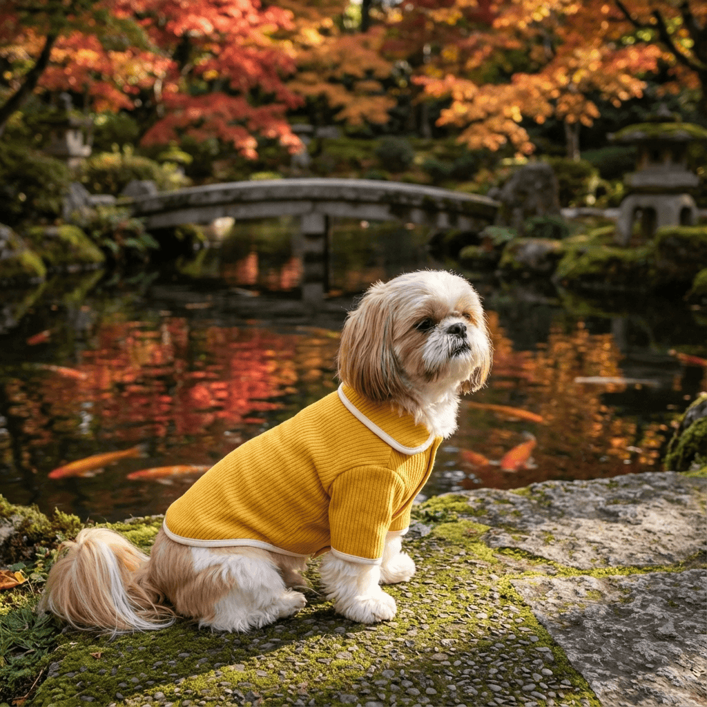 Lapel Collar Knit Dog Sweater on a Shih Tzu in a serene garden with colorful autumn leaves, showcasing breathable and soft fabric.