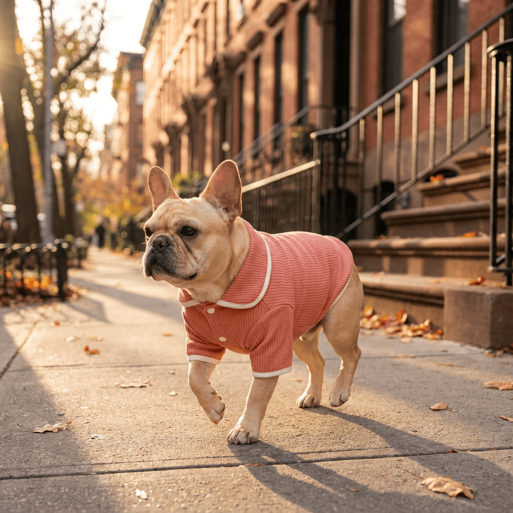 Lapel Collar Knit Dog Sweater on a French Bulldog walking outdoors, featuring buttery soft fabric and lightweight design.