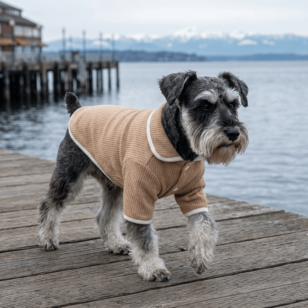 A stylish puppy wearing a Lapel Collar Knit Dog Sweater made from breathable, buttery soft fabric, perfect for dogs.