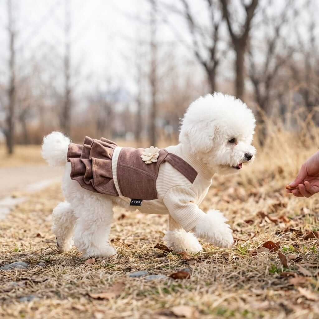 Lapel Flower Ruffle Dog Dress on a fluffy dog walking through a park, showcasing breathable fabric and comfort.