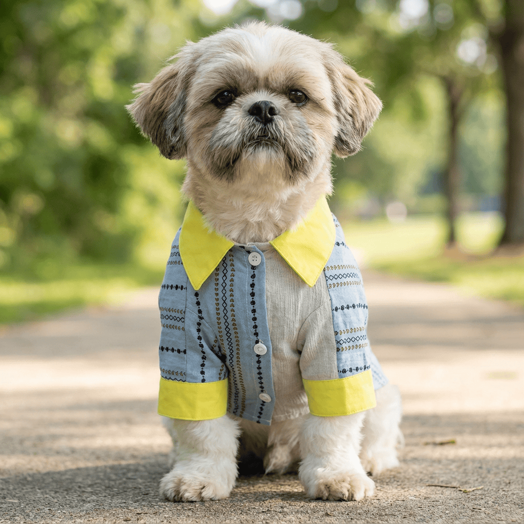 Law Fighting Dog Shirt on a dog, featuring breathable material, turn-down collar, and lightweight design for comfort.