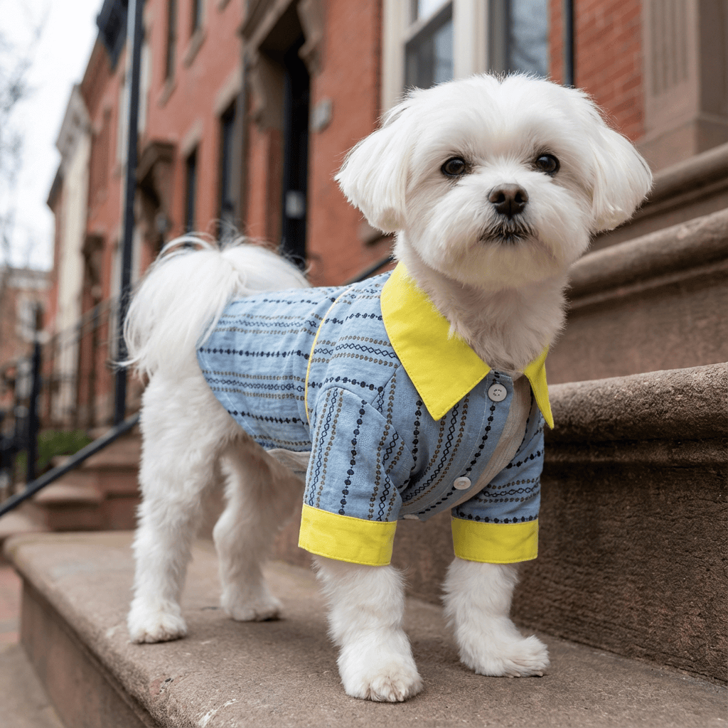 Law Fighting Dog Shirt on a small white dog, features breathable material, turn-down collar, and lightweight feel.