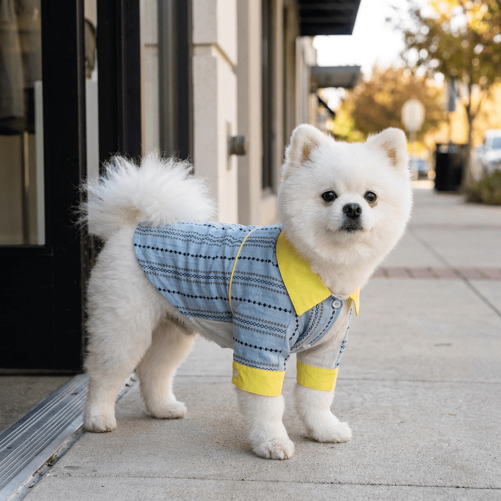Law Fighting Dog Shirt on a stylish Pomeranian, featuring a turn-down collar and breathable material.