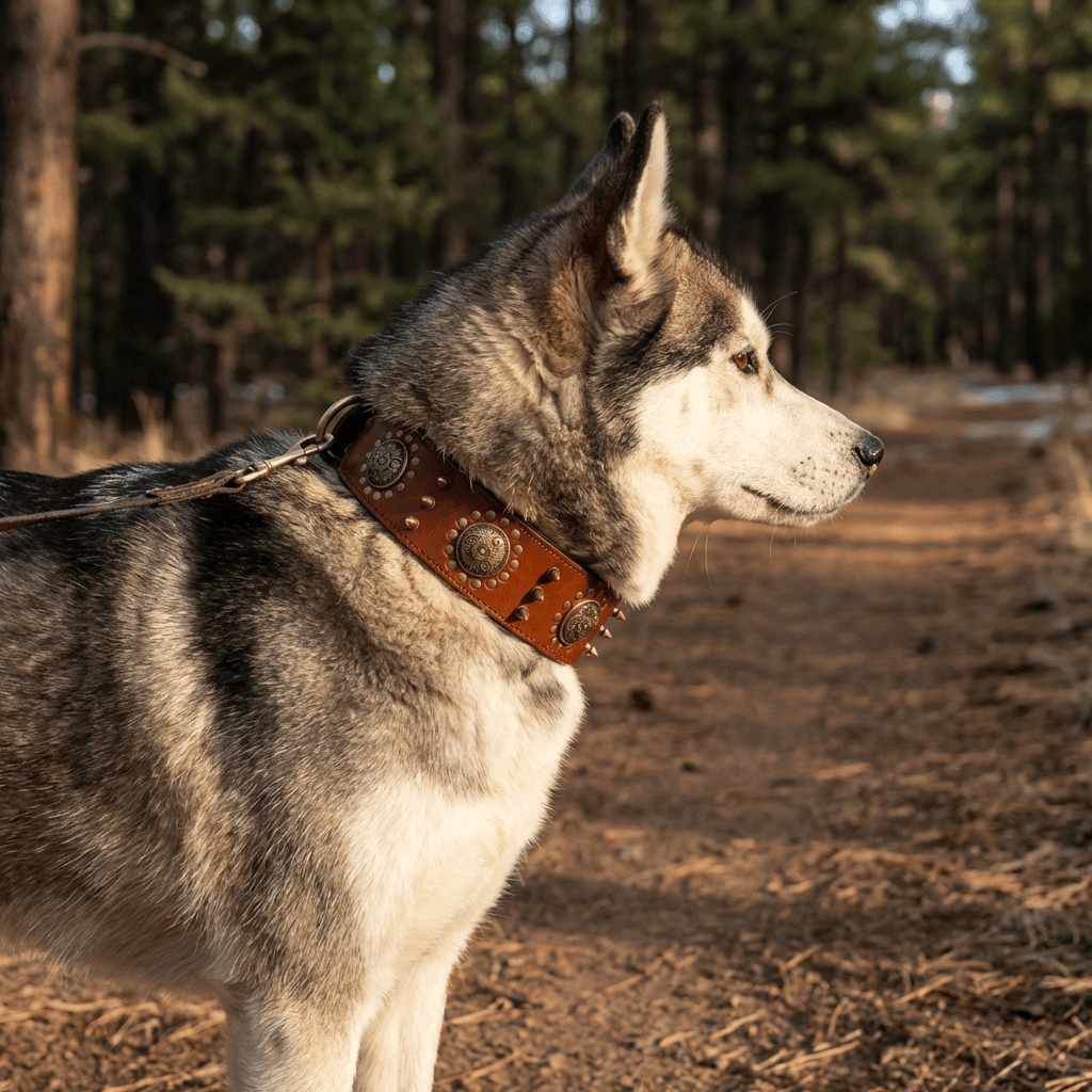Leather Stud Dog Collar on a husky, showcasing stylish design, durable materials, and adjustable fit for dogs.