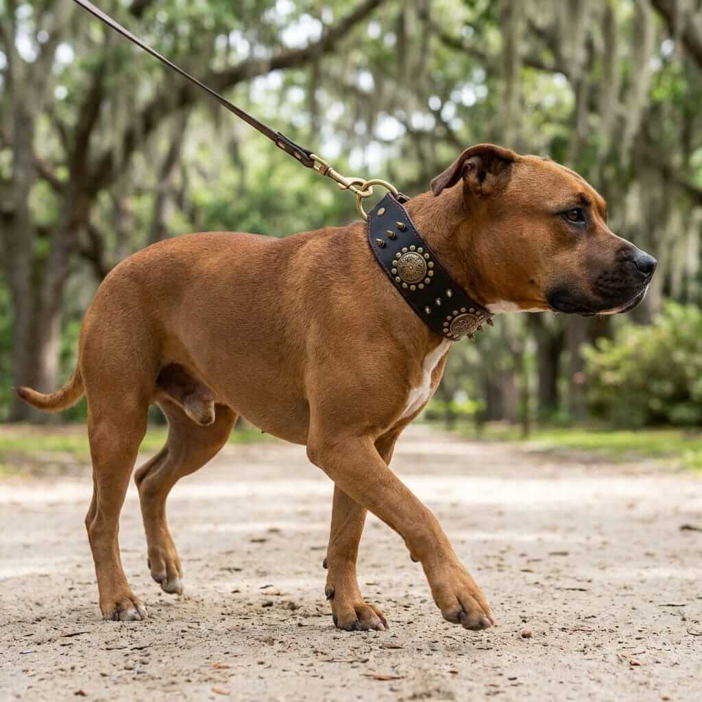 Leather Stud Dog Collar on a dog walking outdoors, featuring durable material and stylish design, perfect for everyday use.