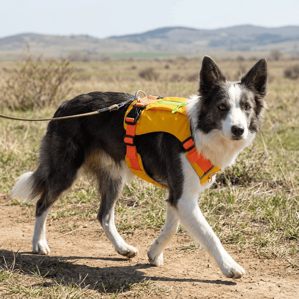 Dog wearing a Lightweight Dog Travel Harness with convenient features for easy control and comfort.