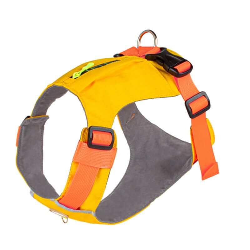 Lightweight Dog Travel Harness in yellow with zipper pocket and hand drawstring for secure travel solutions.