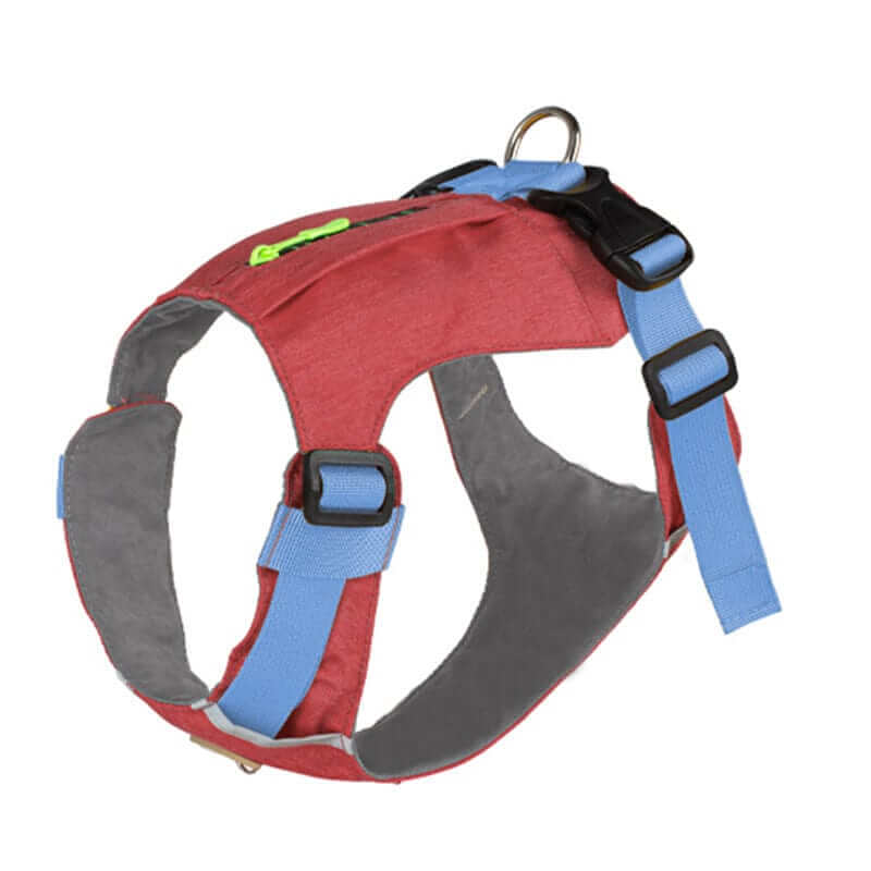 Lightweight Dog Travel Harness in red with blue straps, featuring zipper pocket, designed for comfort and control for dogs & cats.
