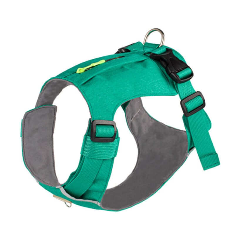 Lightweight Dog Travel Harness featuring a zipper pocket and hand drawstring for secure pet travel.