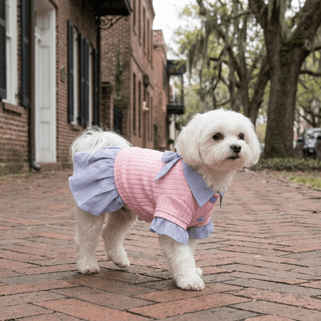 Like A Princess Dog Dress on a stylish dog, featuring breathable fabric, soft texture, and a beautiful bow, perfect for Dogs & Cats.