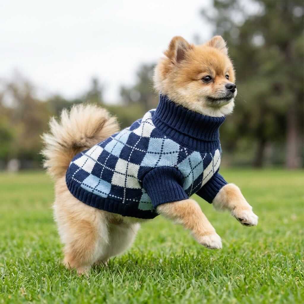 Dog wearing a London Checkered Knitted Sweater, pullover design, short sleeves, in a park.