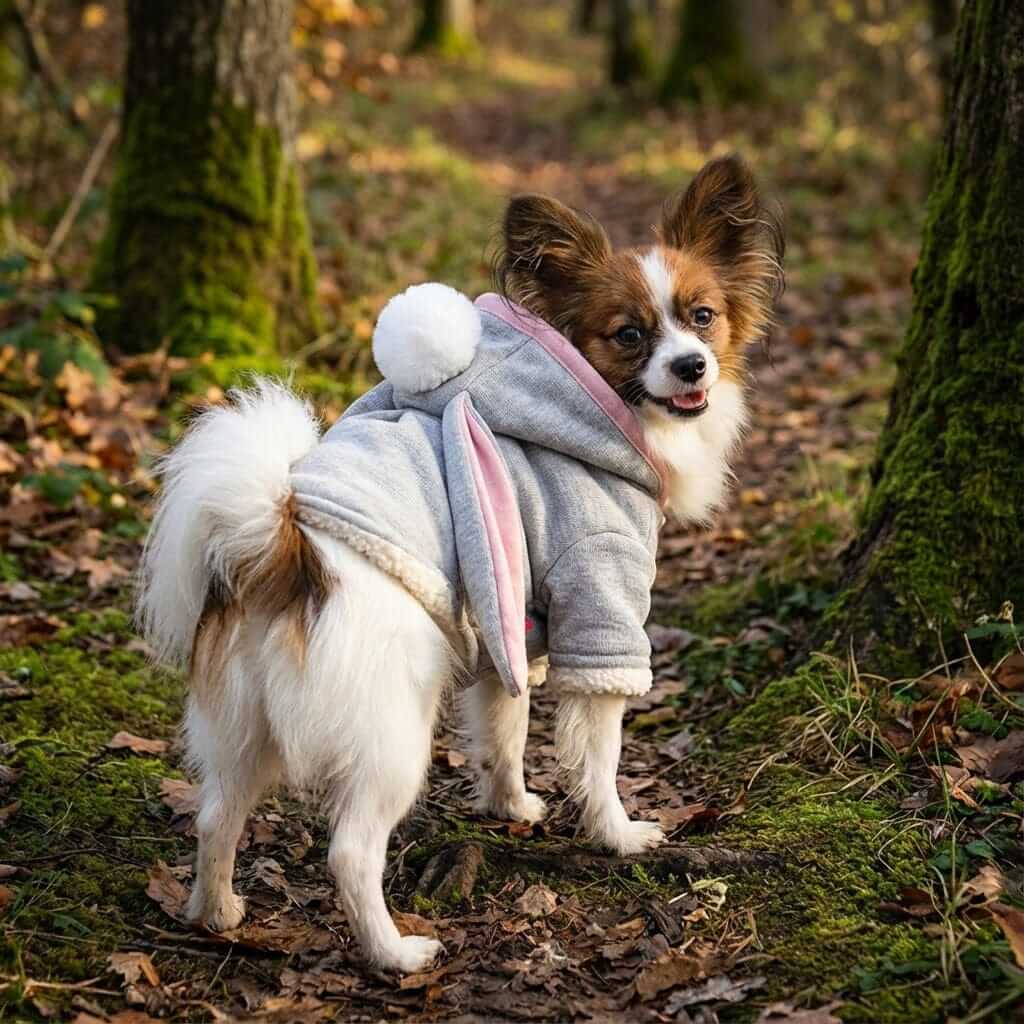Long Ear Rabbit Dog Sweater worn by a cute pup outdoors, featuring bunny ears and pompom details, perfect for fall.