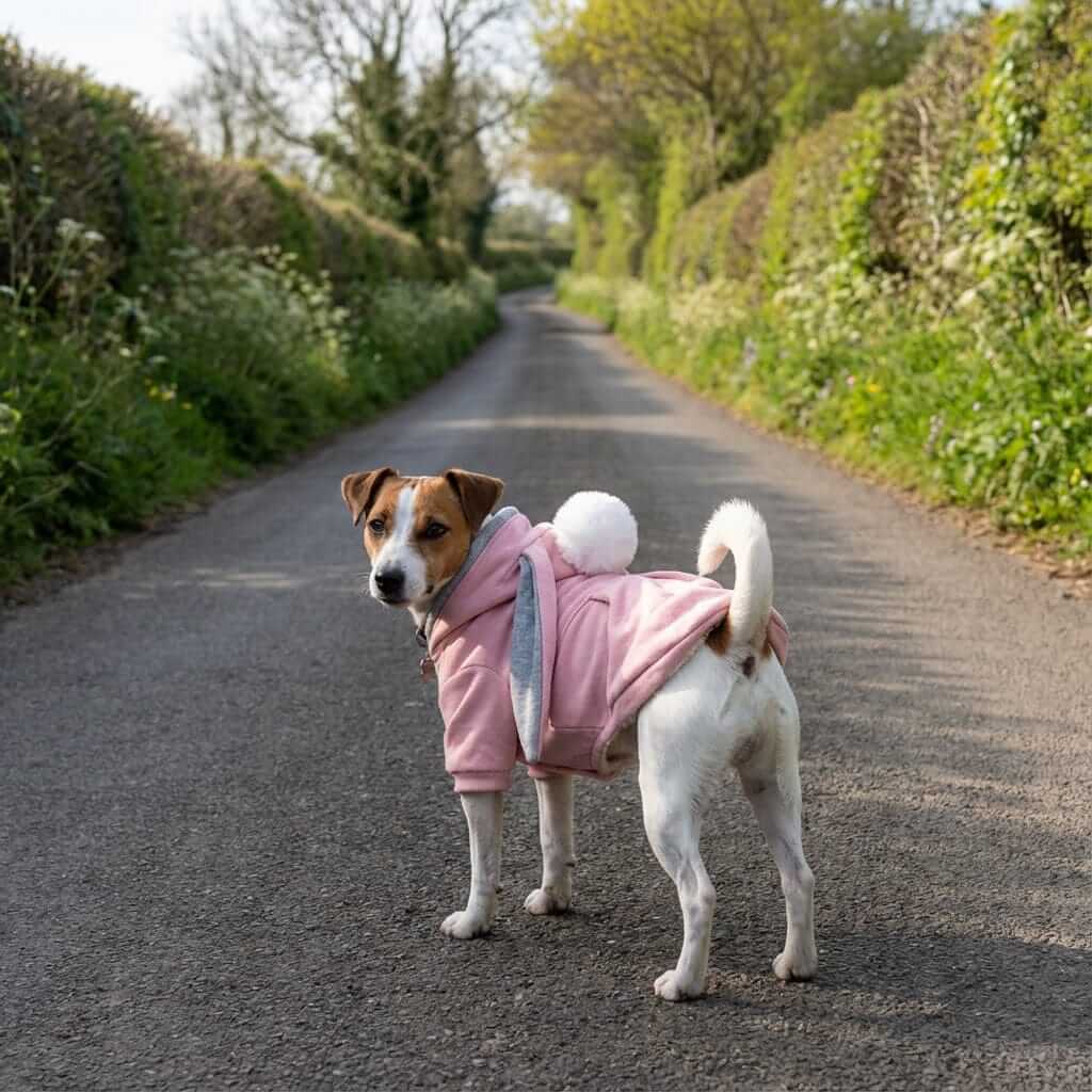 Dog wearing a Long Ear Rabbit Dog Sweater in pink walking on a country road surrounded by greenery.