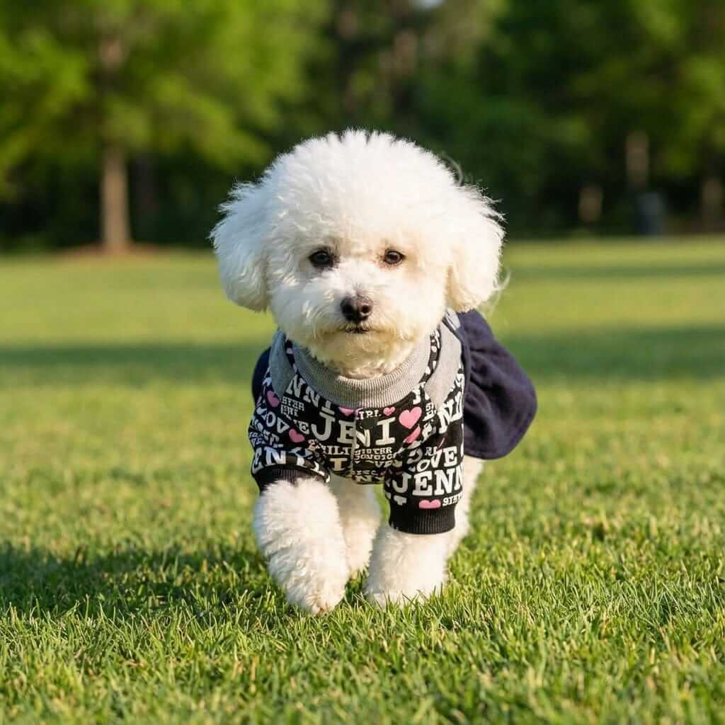 Cute dog wearing Love Letter Short Sleeve Sweater in a grassy field, showcasing its breathable and cozy features.
