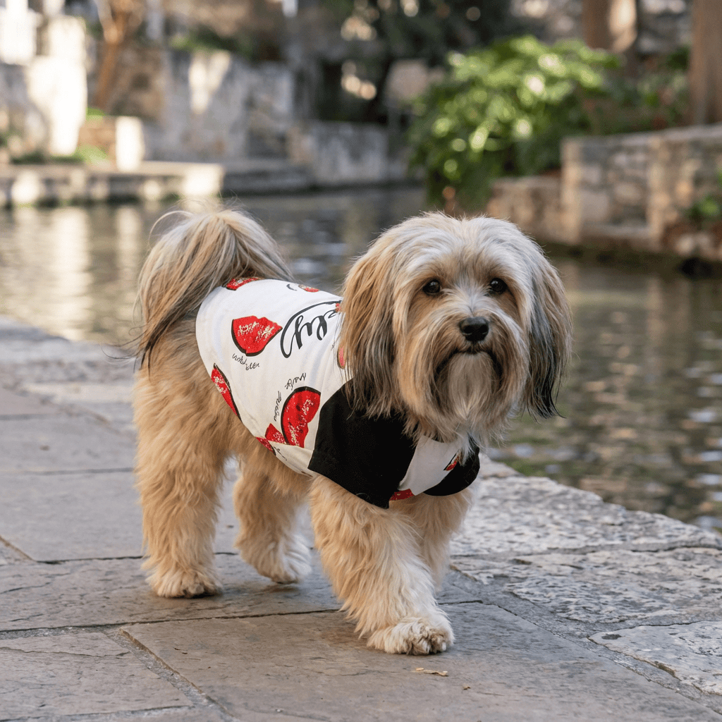 Lovely Watermelon Dog T-shirt on a small dog by the water, featuring breathable fabric and lightweight comfort.