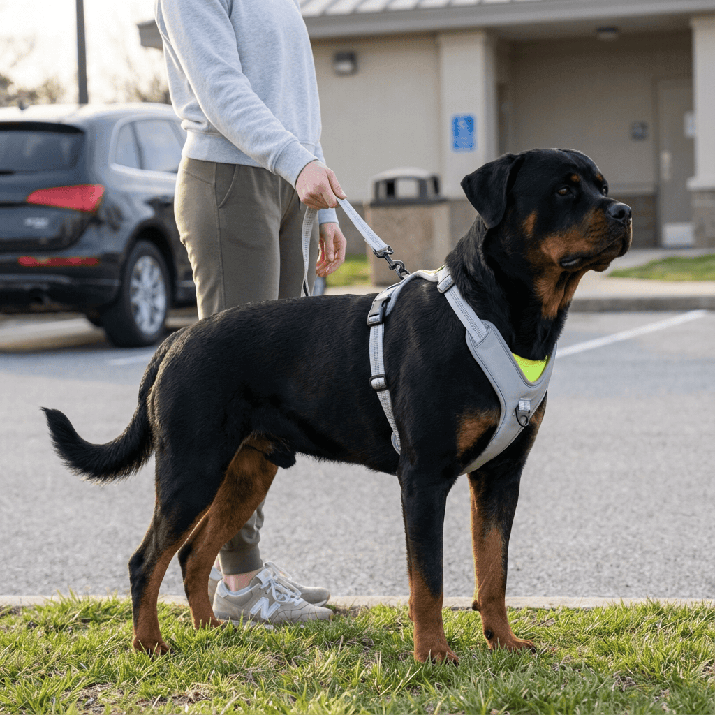 LumiGuard Reflective Dog Harness on a Rottweiler, showcasing reflective features and a comfortable fit for safety.