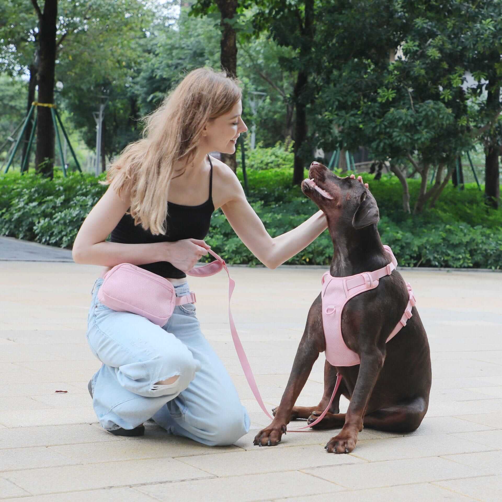 A woman with a harnessed dog enjoying the outdoors, showcasing The Luxe Corduroy Dog Collection with style.