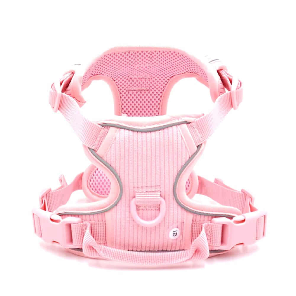 The Luxe Corduroy Dog Collection pink harness with plush padding and adjustable straps for comfort by Dogs & Cats.