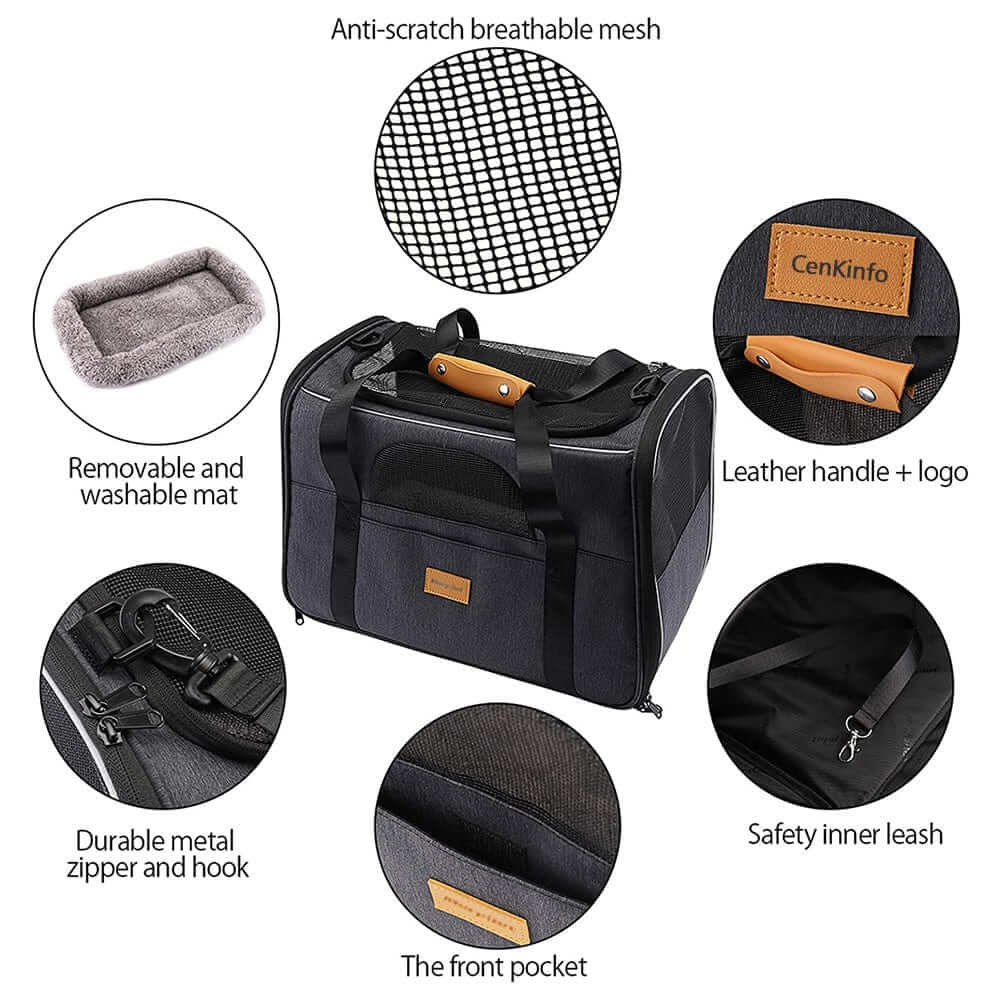 Luxe Voyager Pet Carrier features including breathable mesh, durable zippers, and removable mat for dogs & cats.