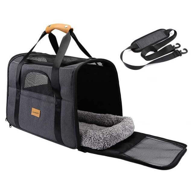 Luxe Voyager Pet Carrier with soft interior, mesh vents, and adjustable strap for dogs & cats.
