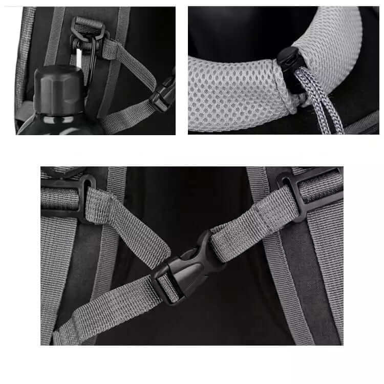 LuxeFold Pet Carrier Bag features showcasing safe clips, breathable mesh, and durable straps for dogs and cats.