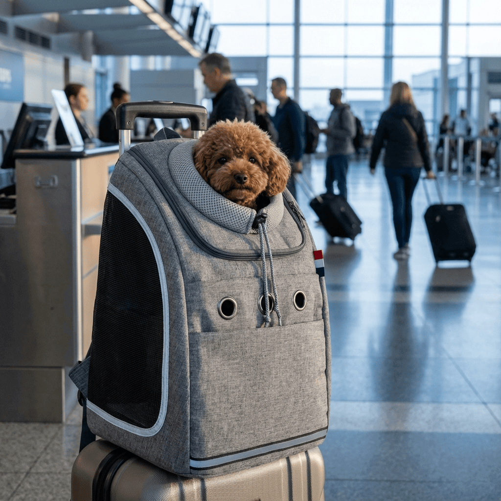 LuxeFold Pet Carrier Bag with small dog at airport, featuring luxury comfort and breathable design for dogs & cats.