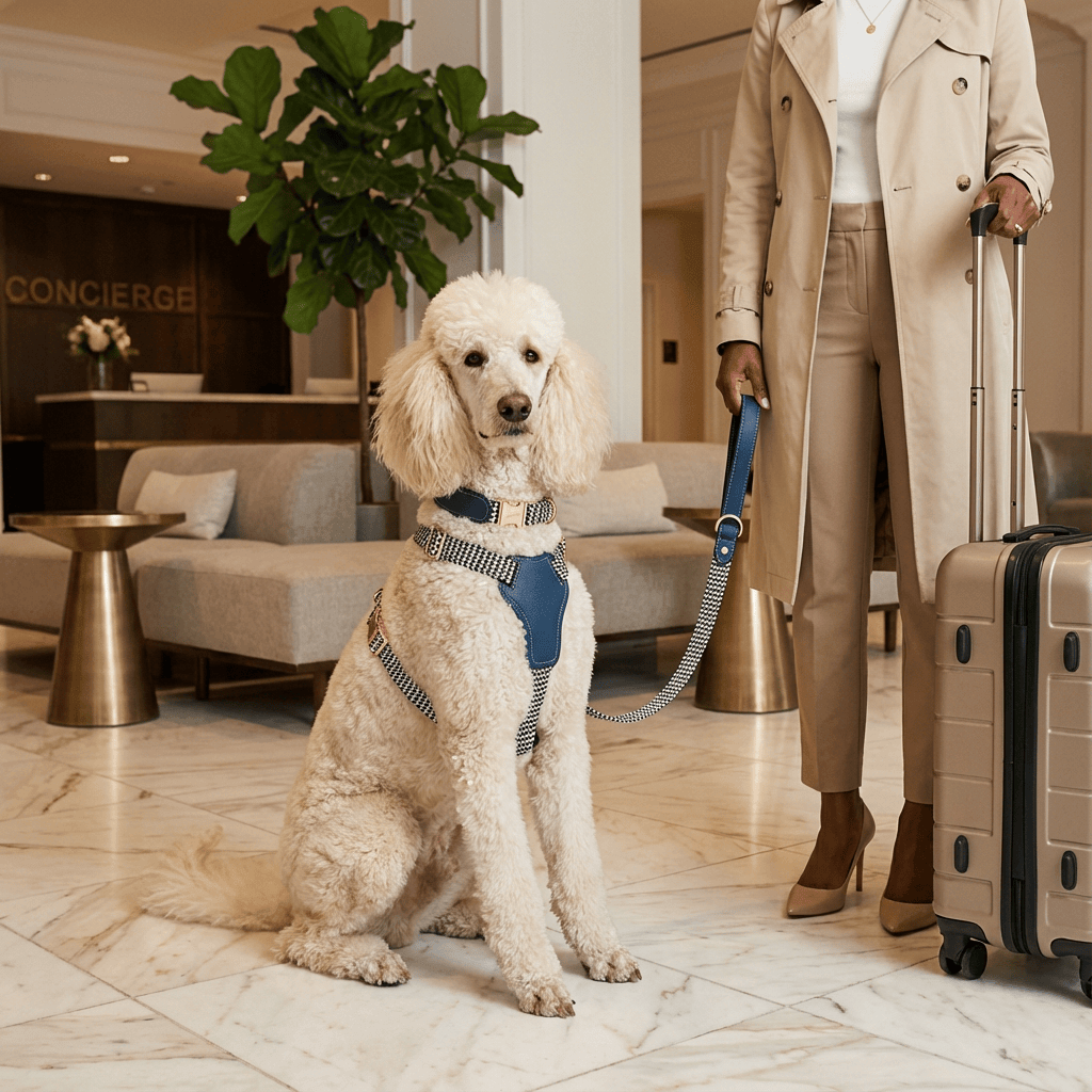 LuxPaw Knitted Leather Harness on a poodle in a hotel lobby, showcasing comfort and style from Dogs & Cats.