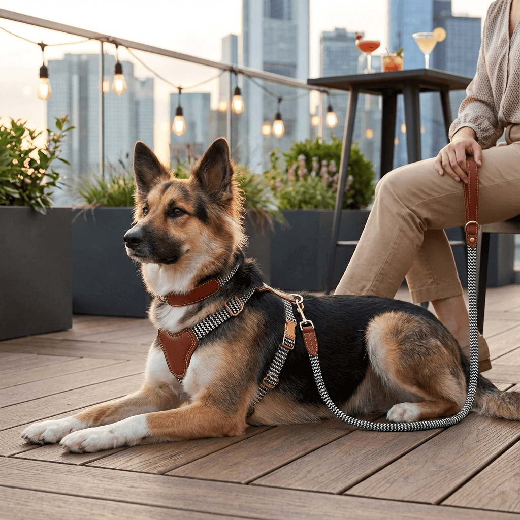 LuxPaw Knitted Leather Harness on a dog enjoying a stylish outdoor setting with a harness and leash.