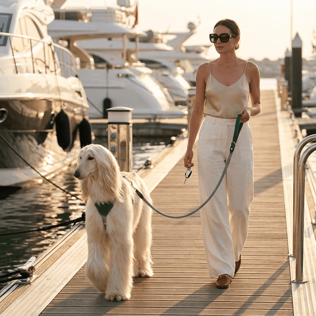 LuxPaw Knitted Leather Harness on a dog by the marina, showcasing luxury and style for dogs.