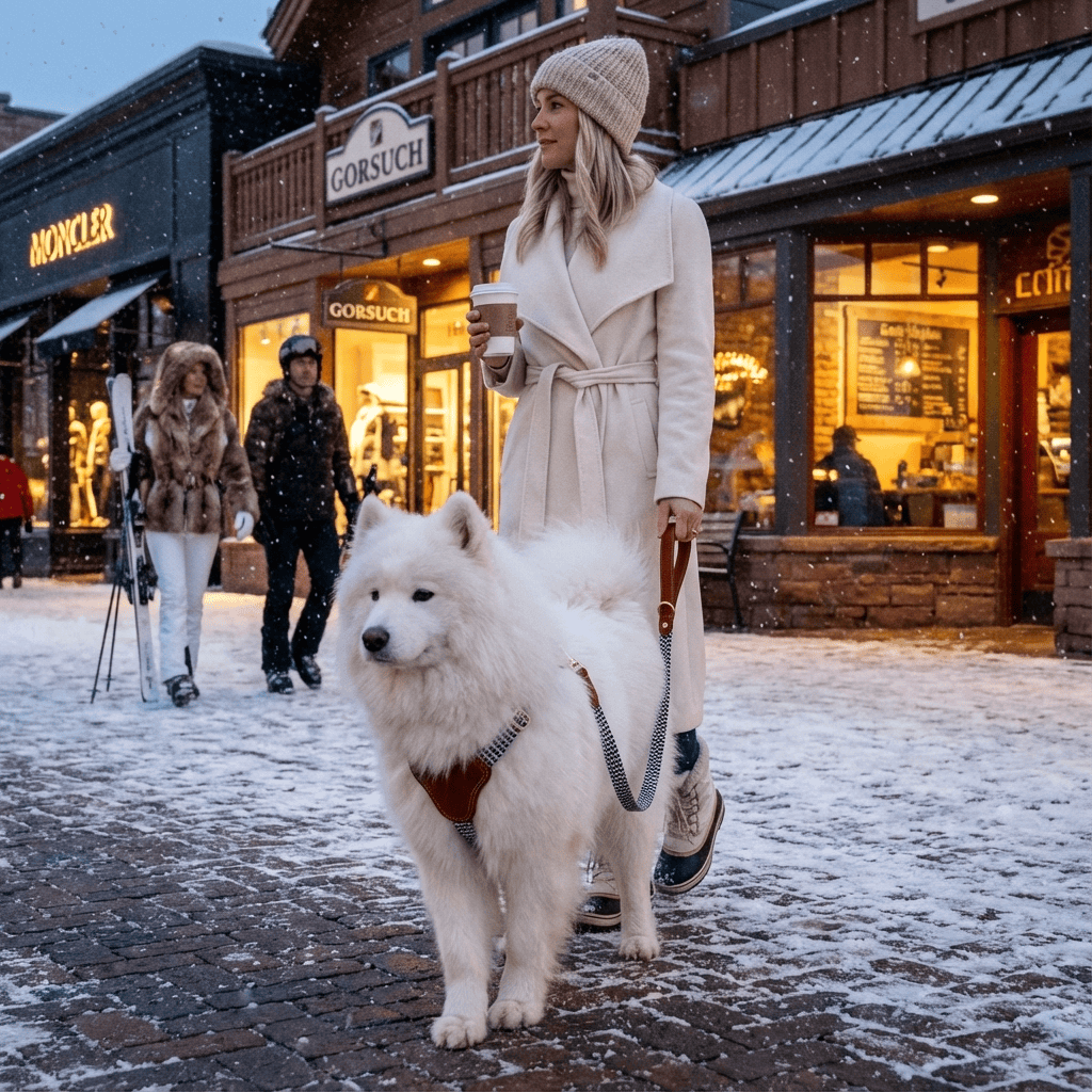 LuxPaw Knitted Leather Harness on a fluffy white dog in cozy winter scenery.