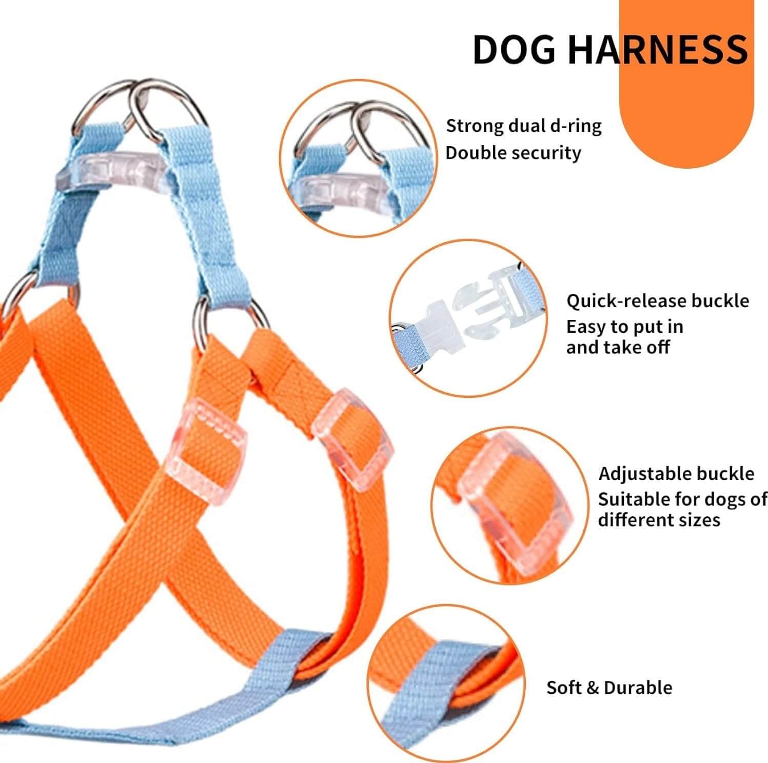 LuxStride 3-Piece Dog Set harness features: strong dual D-ring, quick-release buckle, adjustable fit, soft and durable.