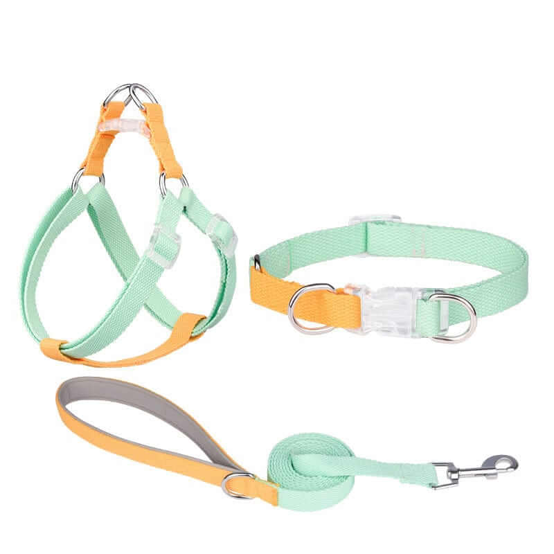 LuxStride 3-Piece Dog Set includes a harness, collar, and leash designed for style and comfort.