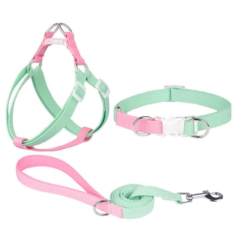 LuxStride 3-Piece Dog Set featuring a stylish pink and green harness, leash, and collar for dogs and cats.